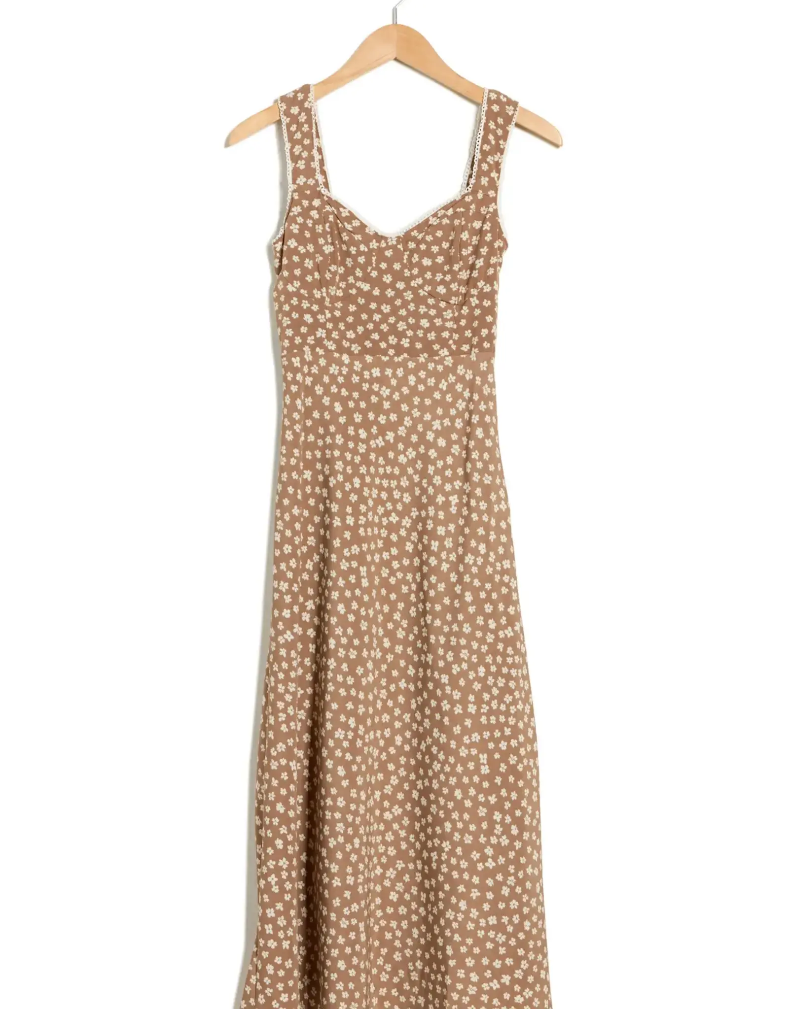 Miss Bliss Blu Floral Sweetheart Neck Trim Detail Midi Dress-Brown
