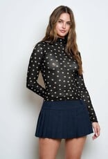 Miss Bliss Blu Polka Dot Mesh Mock Neck Ls Knit Top-Black