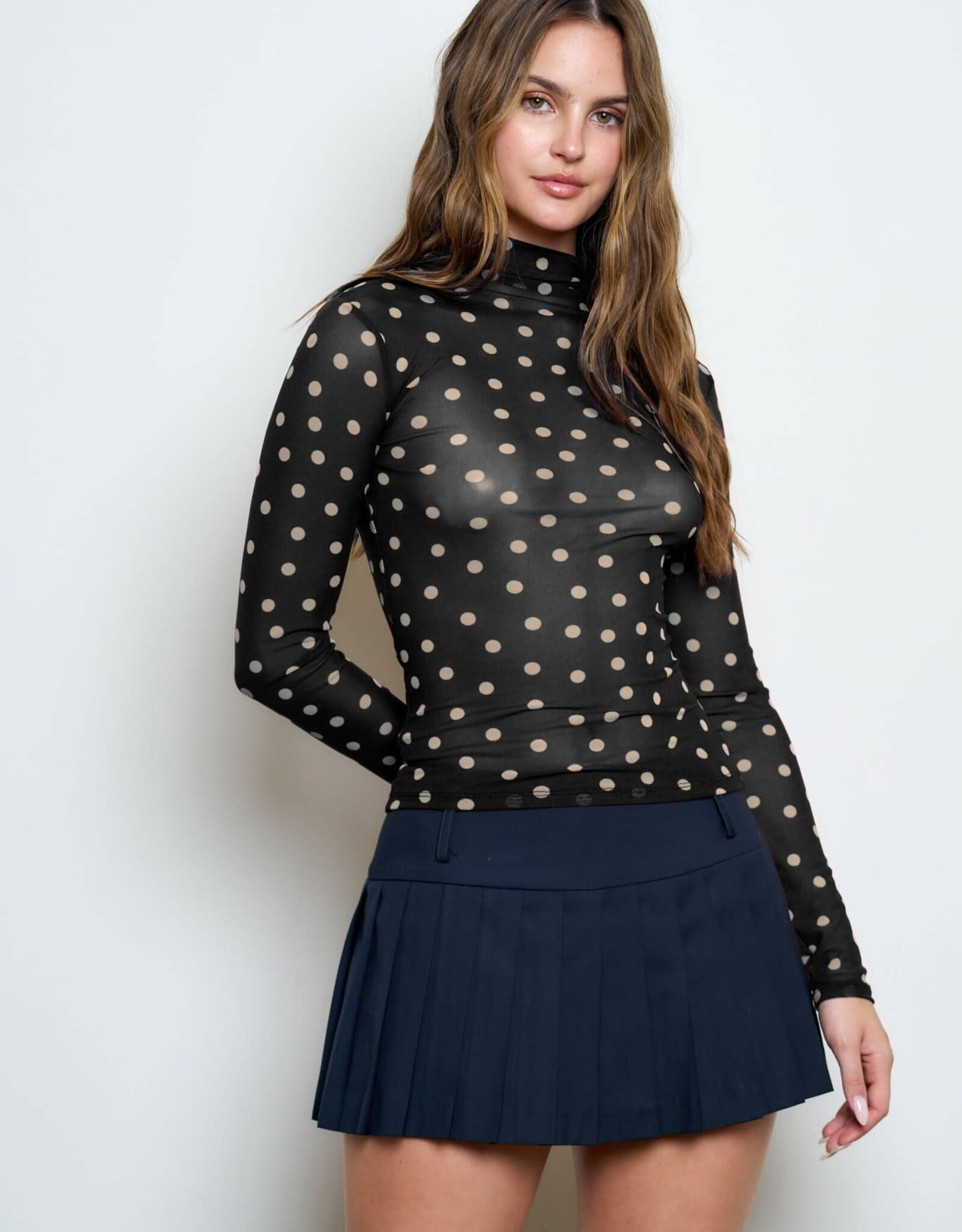 Miss Bliss Blu Polka Dot Mesh Mock Neck Ls Knit Top-Black
