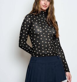 Miss Bliss Polka Dot Mesh Mock Neck Knit Top-Black