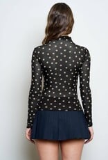 Miss Bliss Blu Polka Dot Mesh Mock Neck Ls Knit Top-Black