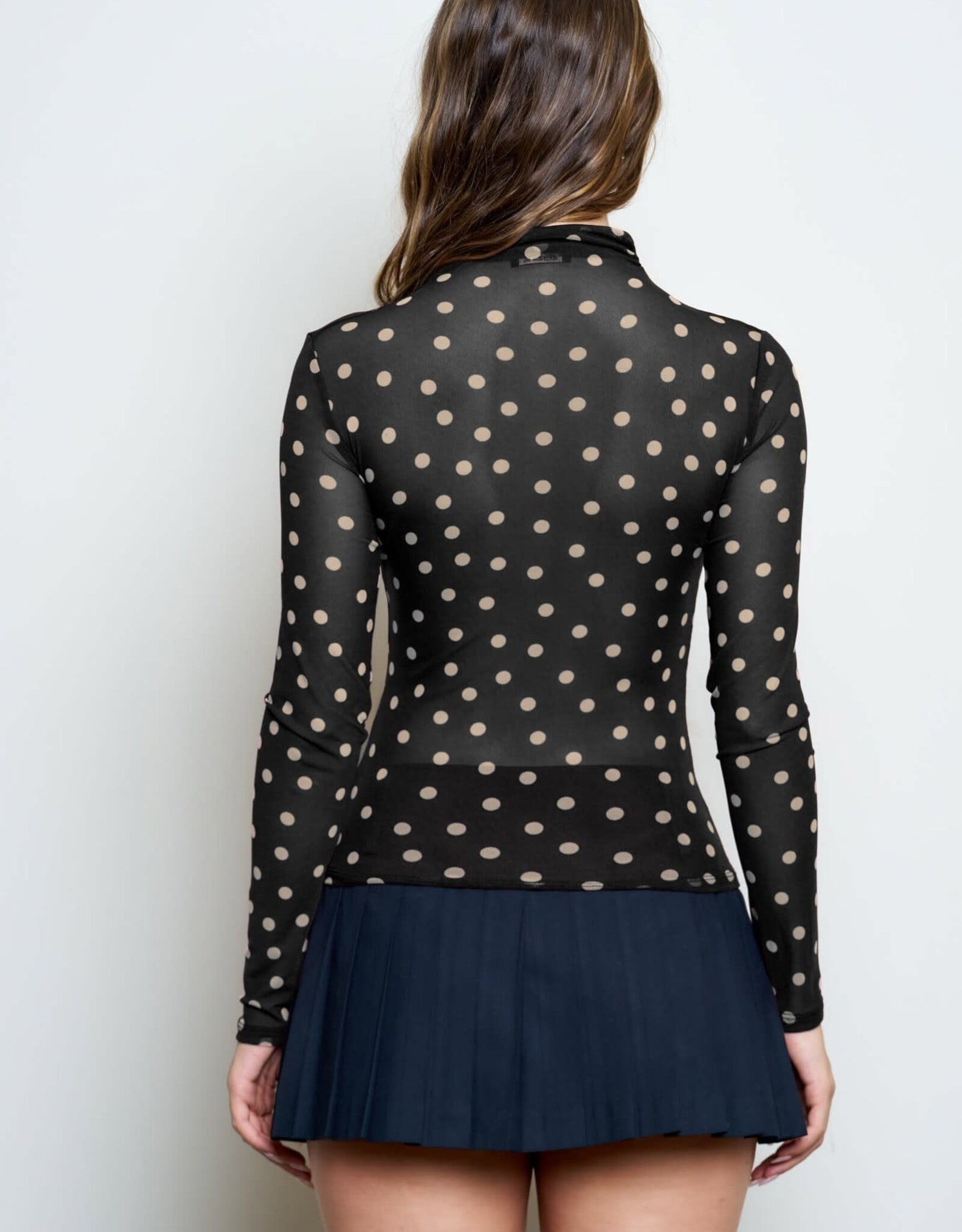 Miss Bliss Blu Polka Dot Mesh Mock Neck Ls Knit Top-Black