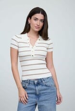 Miss Bliss Blu Stripe Ribbed Contrast Polo Ss Knit Top-