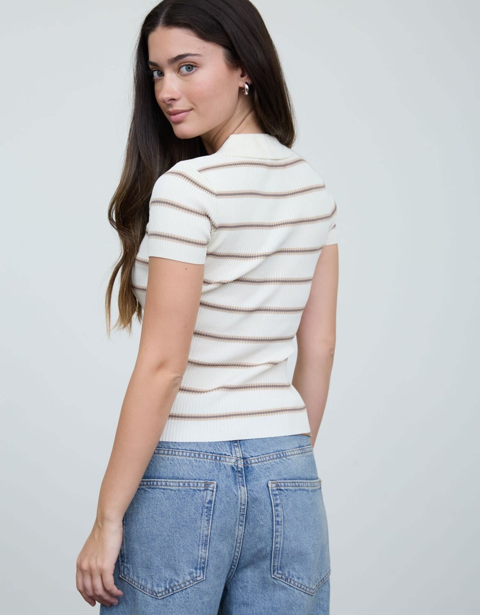 Miss Bliss Blu Stripe Ribbed Contrast Polo Ss Knit Top-