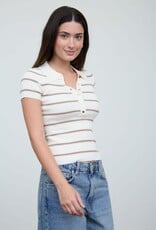 Miss Bliss Blu Stripe Ribbed Contrast Polo Ss Knit Top-