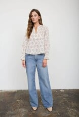 Miss Bliss Blu Floral Leaf Print Split Neck Ls Blouse-Ivory/Brwn