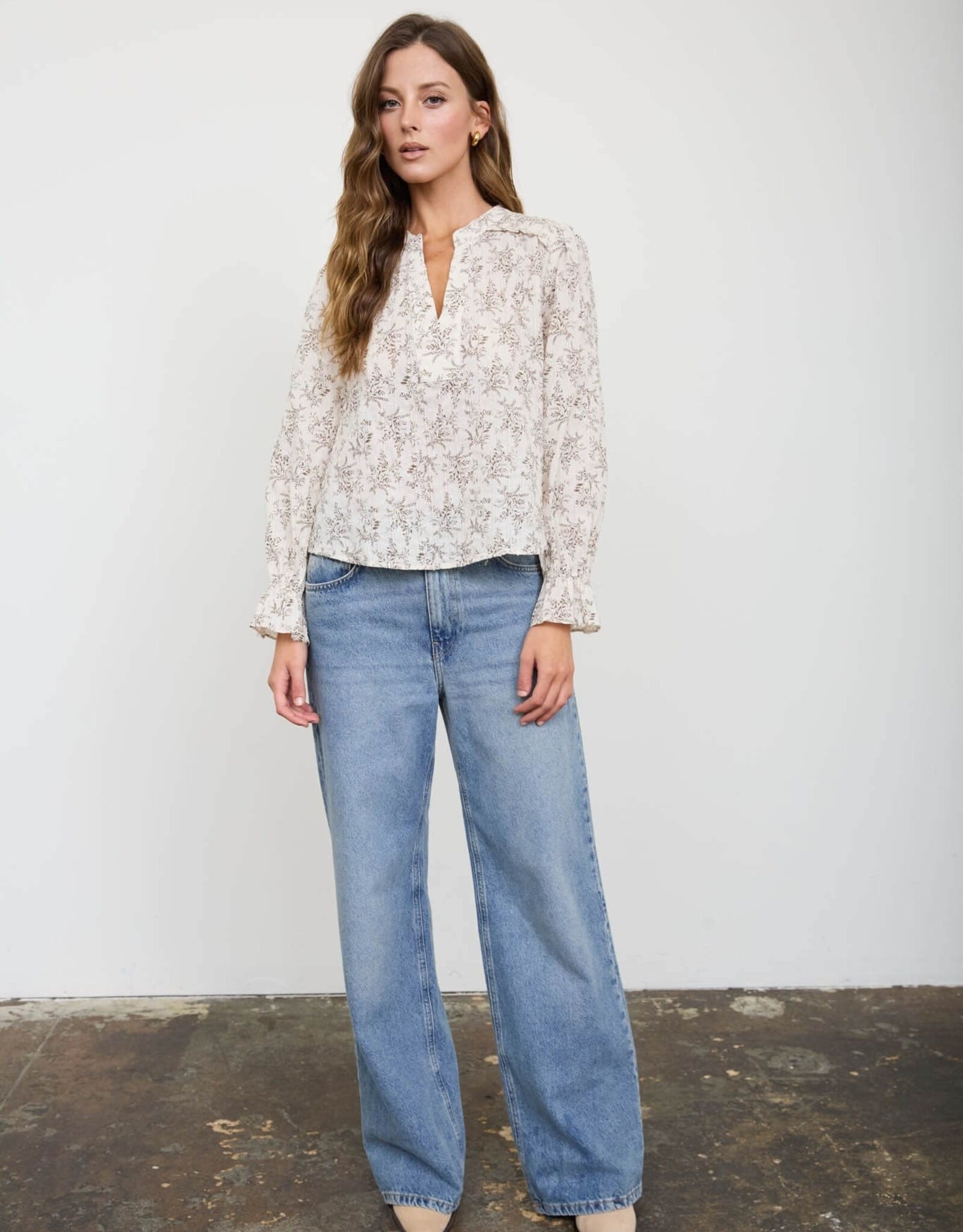 Miss Bliss Blu Floral Leaf Print Split Neck Ls Blouse-Ivory/Brwn