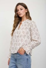 Miss Bliss Blu Floral Leaf Print Split Neck Ls Blouse-Ivory/Brwn