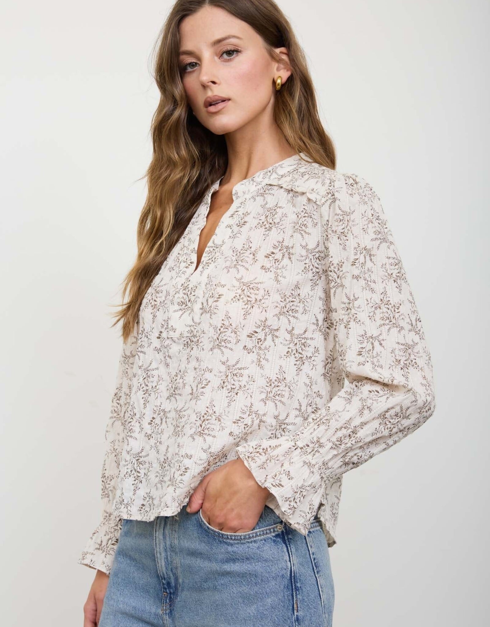 Miss Bliss Blu Floral Leaf Print Split Neck Ls Blouse-Ivory/Brwn