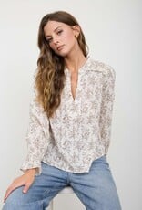 Miss Bliss Blu Floral Leaf Print Split Neck Ls Blouse-Ivory/Brwn