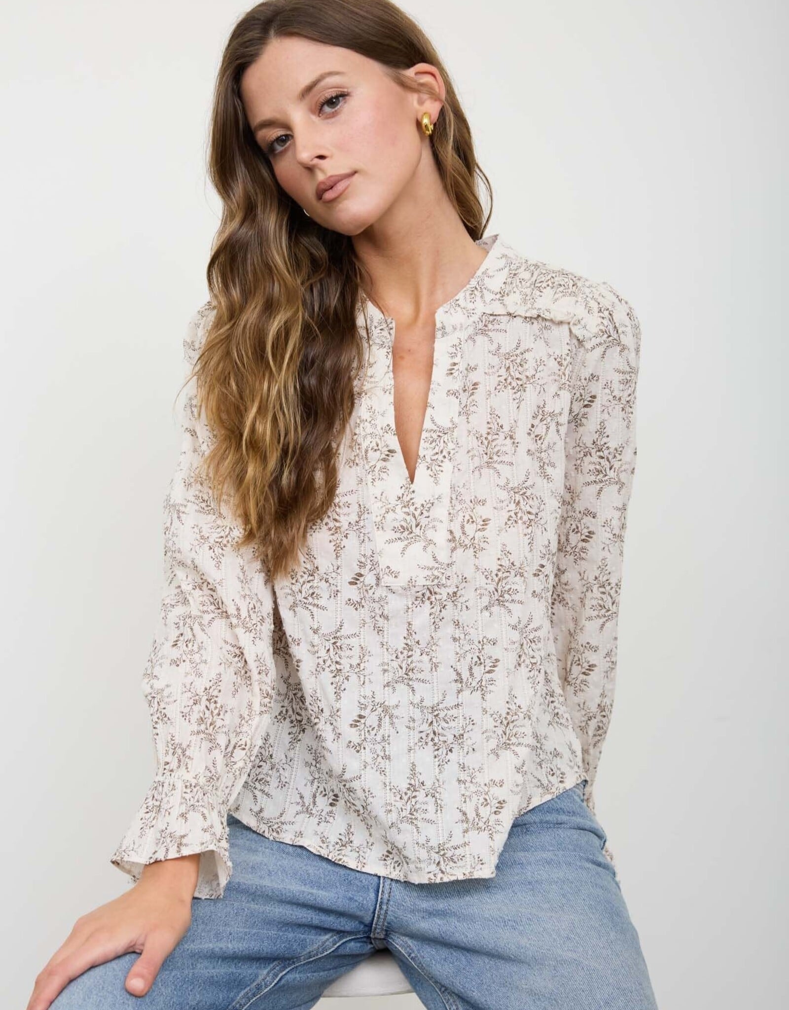 Miss Bliss Blu Floral Leaf Print Split Neck Ls Blouse-Ivory/Brwn