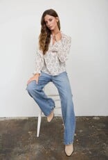 Miss Bliss Blu Floral Leaf Print Split Neck Ls Blouse-Ivory/Brwn