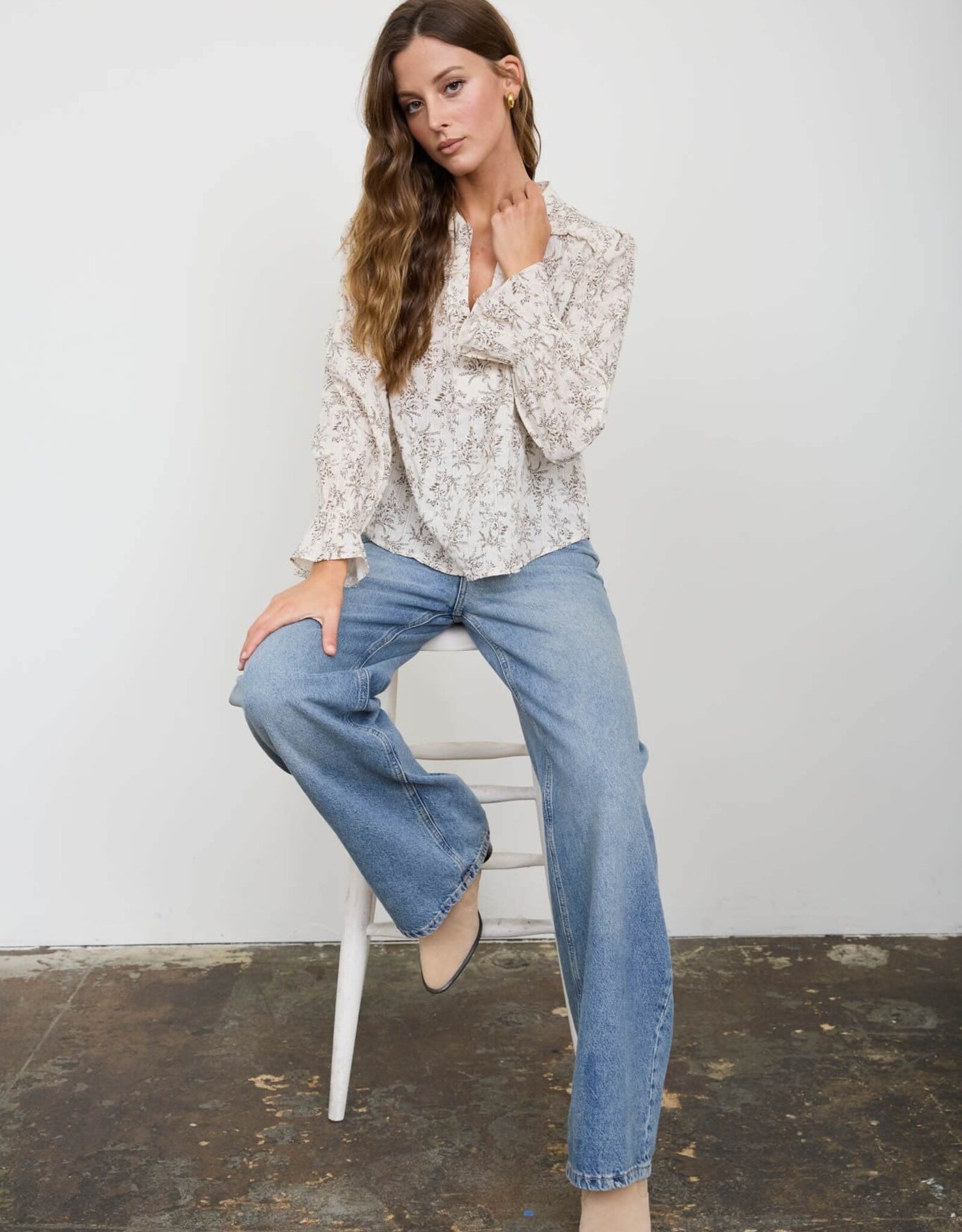 Miss Bliss Blu Floral Leaf Print Split Neck Ls Blouse-Ivory/Brwn