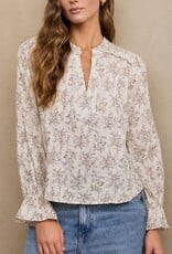 Miss Bliss Blu Floral Leaf Print Split Neck Ls Blouse-Ivory/Brwn