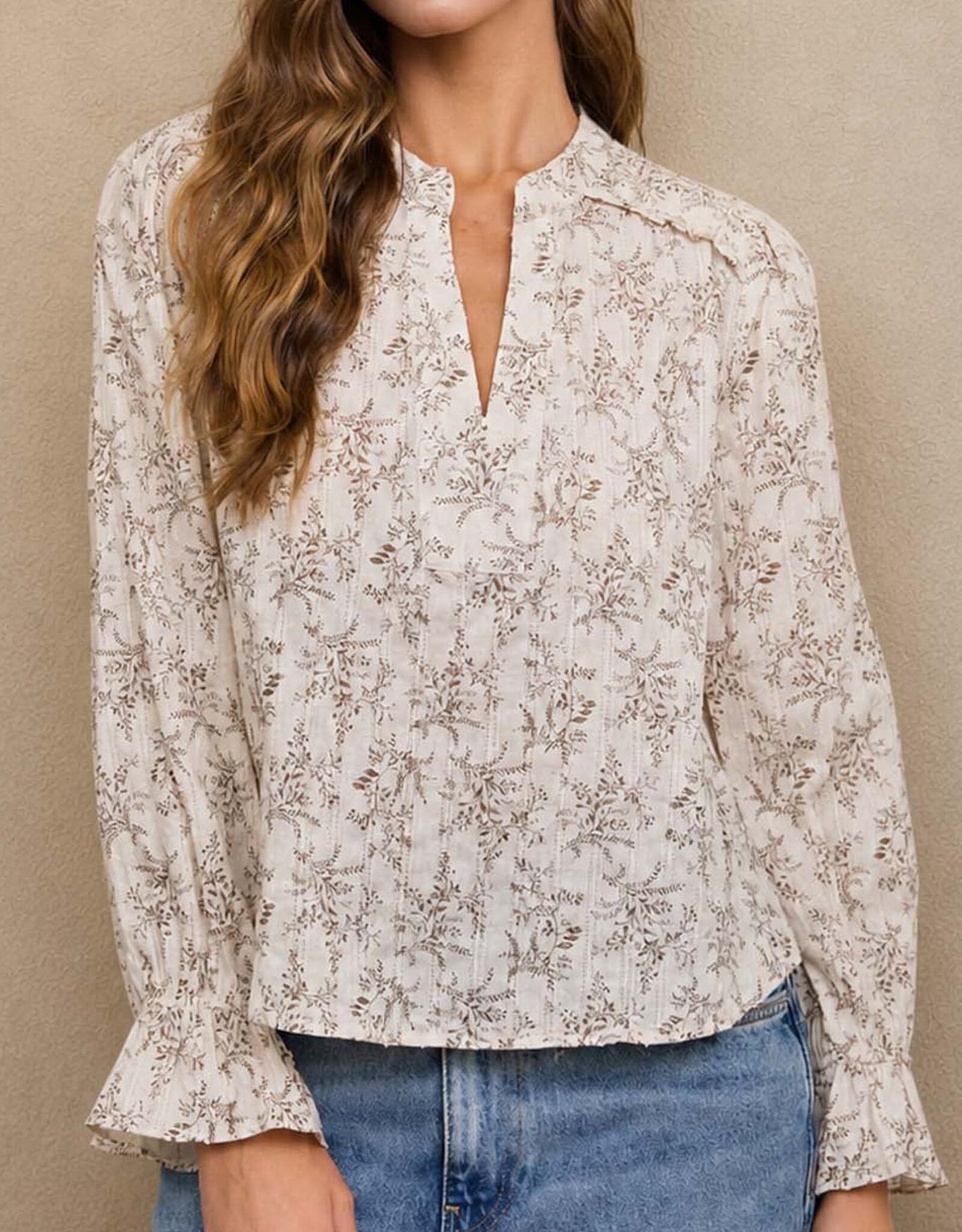 Miss Bliss Blu Floral Leaf Print Split Neck Ls Blouse-Ivory/Brwn
