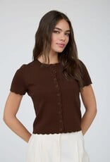 Miss Bliss Blu Scalloped Ss Button Down Knit Top-Brown