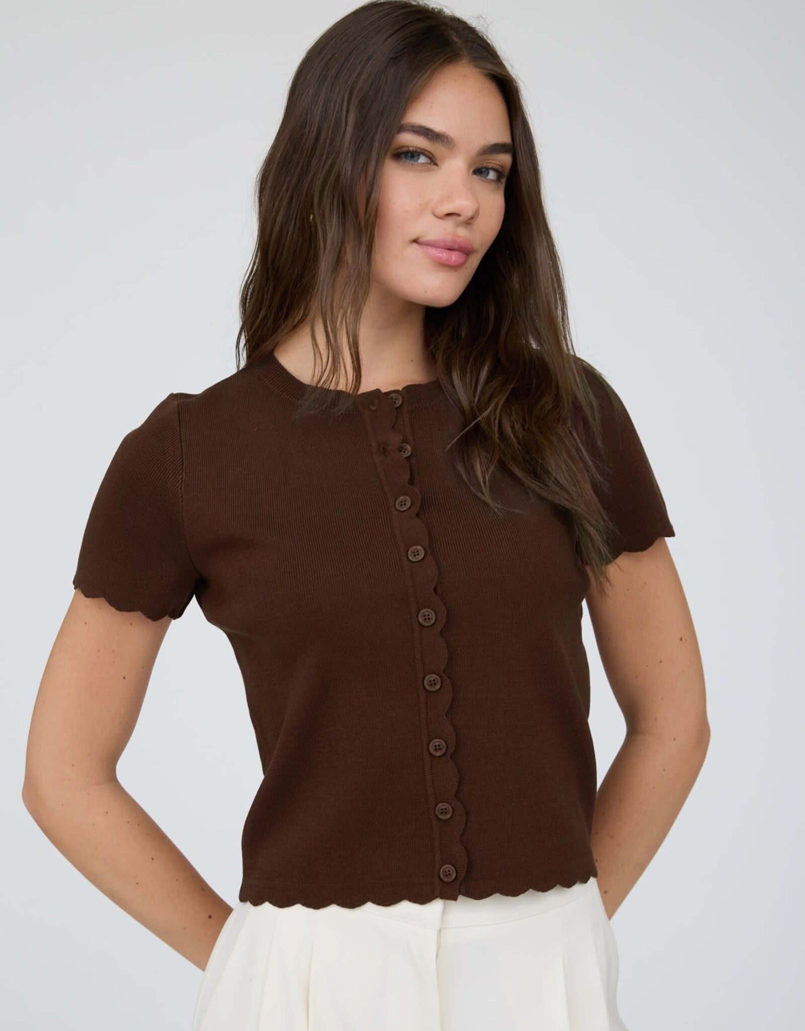 Miss Bliss Blu Scalloped Ss Button Down Knit Top-Brown