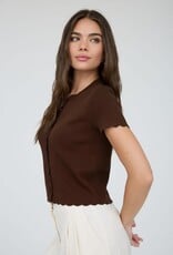 Miss Bliss Blu Scalloped Ss Button Down Knit Top-Brown