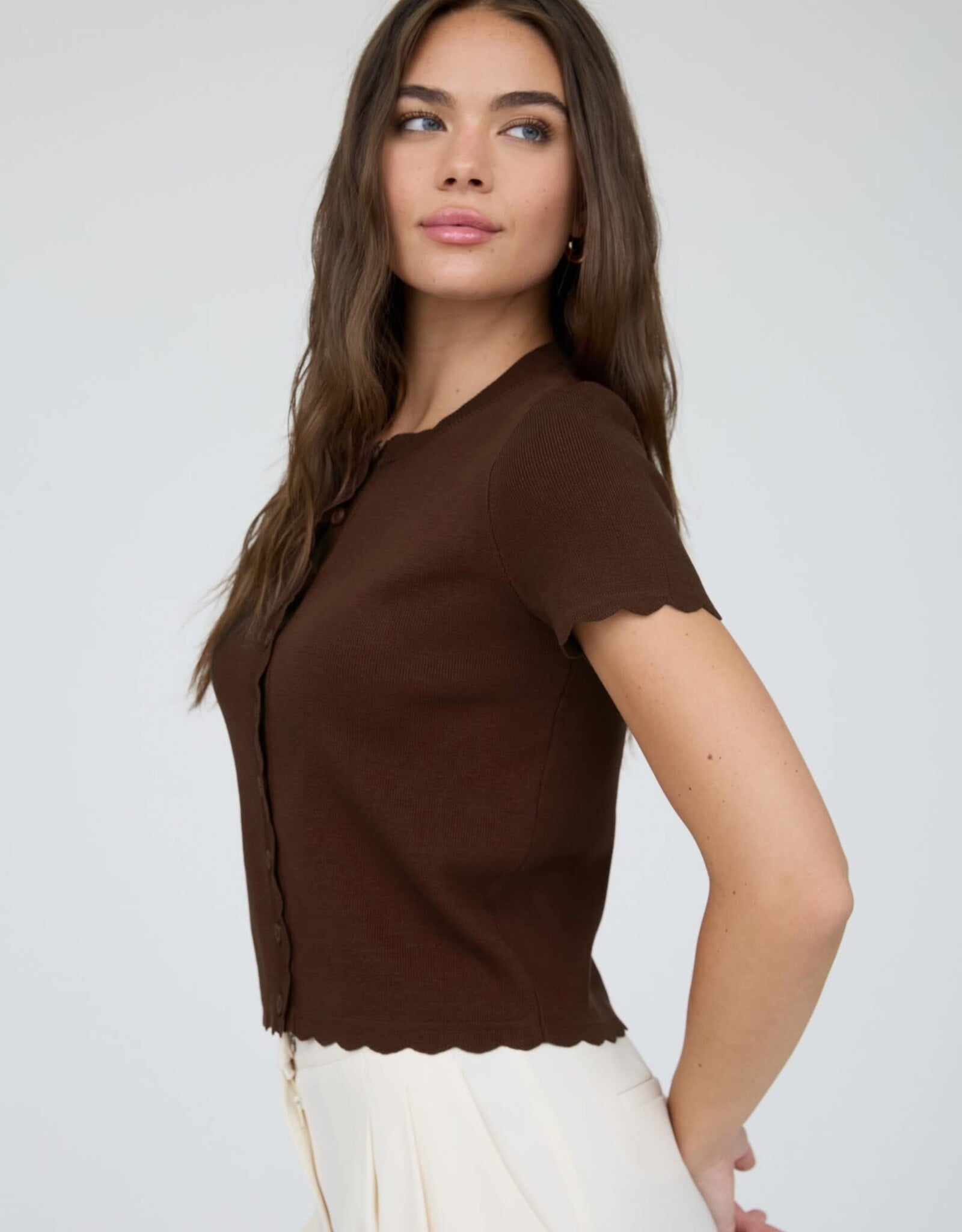Miss Bliss Blu Scalloped Ss Button Down Knit Top-Brown