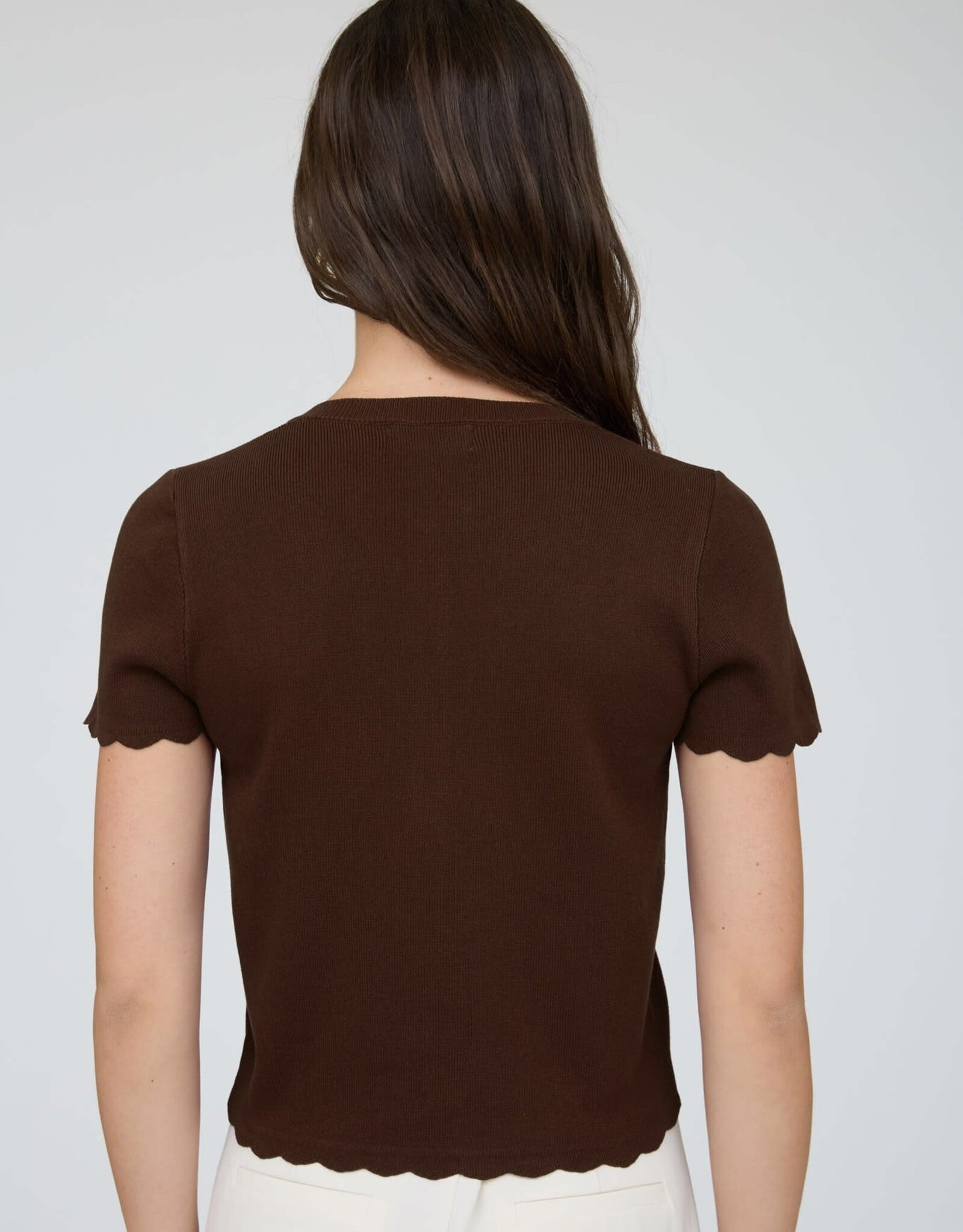 Miss Bliss Blu Scalloped Ss Button Down Knit Top-Brown