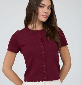 Miss Bliss Classic Scalloped Button Down Knit Top-Burgundy