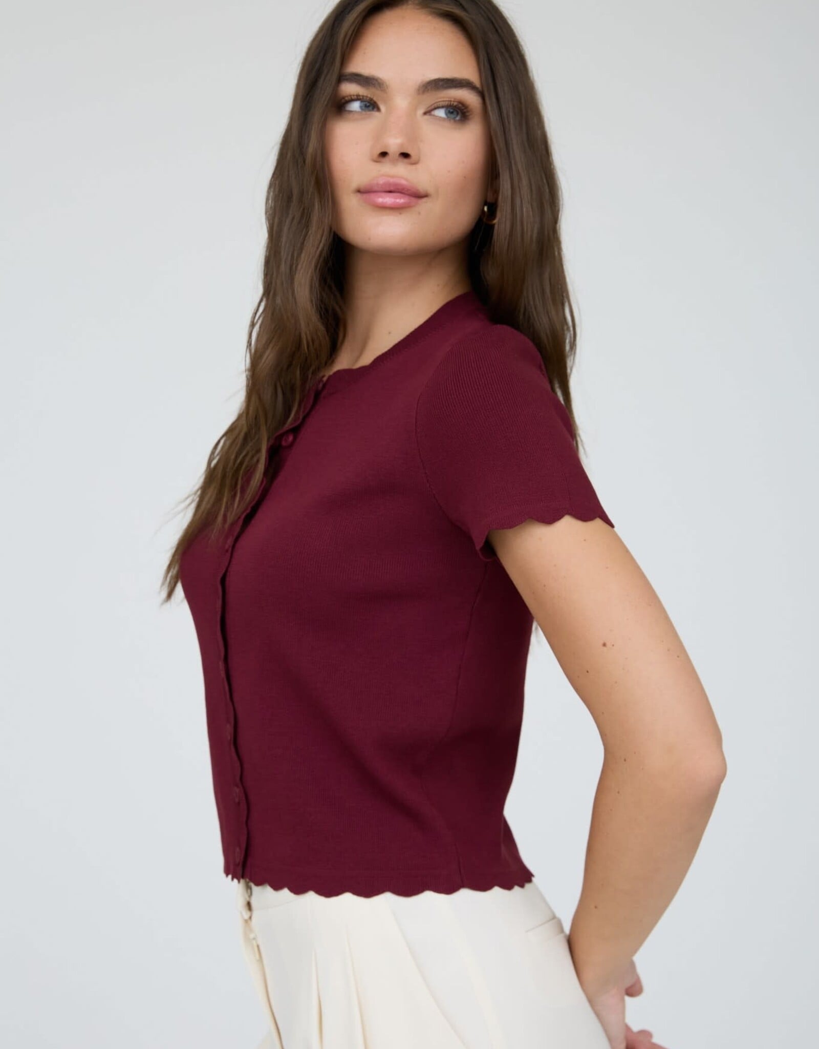 Miss Bliss Blu Scalloped Ss Button Down Knit Top-Burgundy