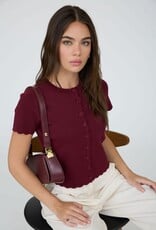 Miss Bliss Blu Scalloped Ss Button Down Knit Top-Burgundy