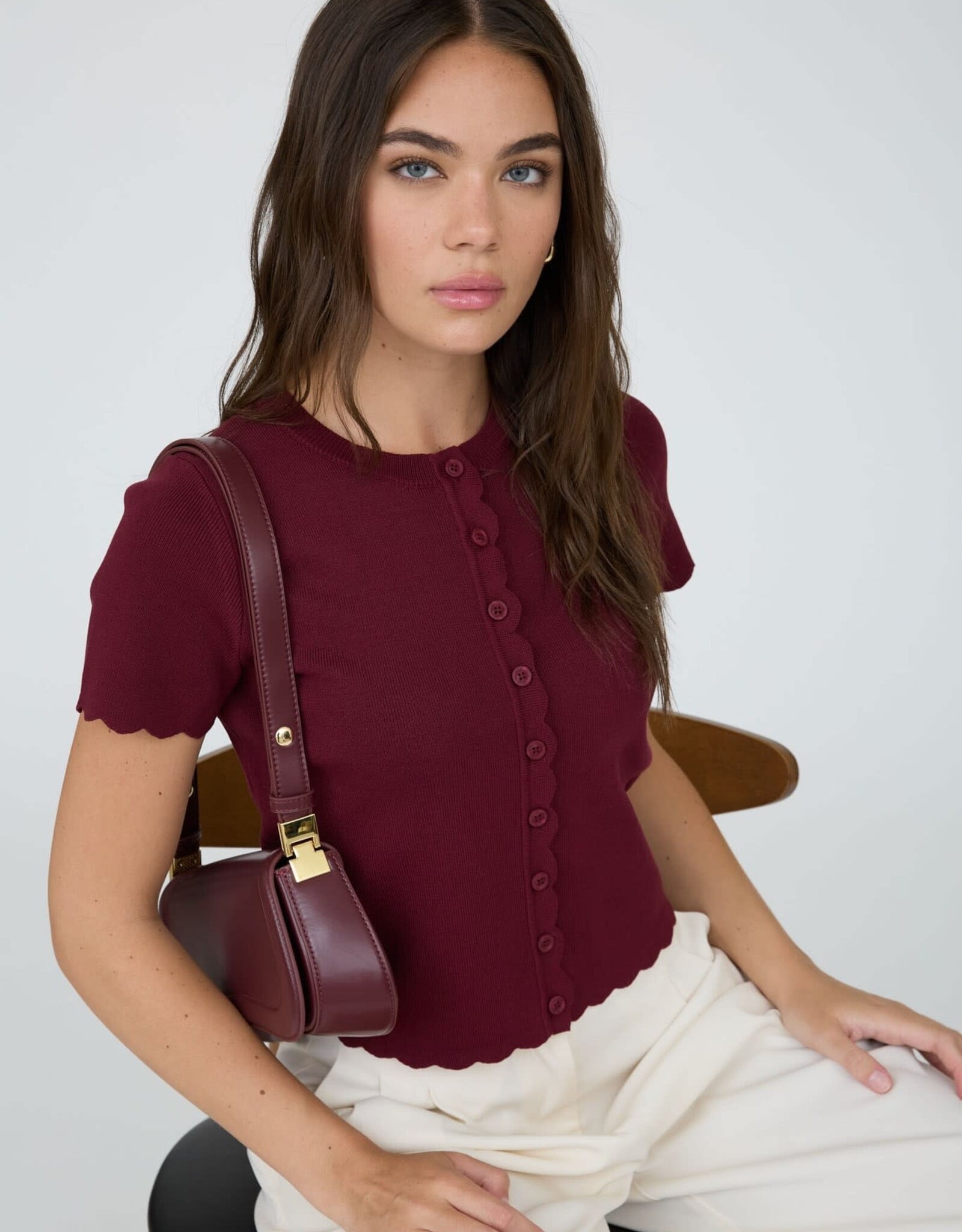 Miss Bliss Blu Scalloped Ss Button Down Knit Top-Burgundy