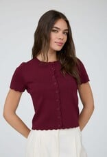 Miss Bliss Blu Scalloped Ss Button Down Knit Top-Burgundy