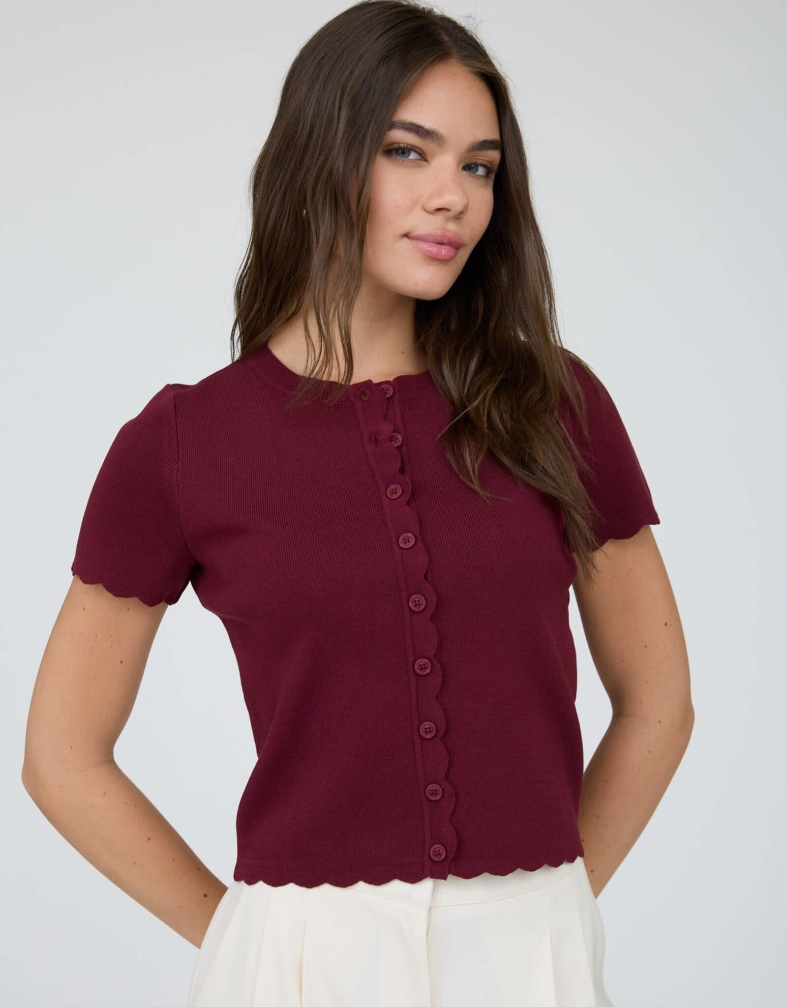 Miss Bliss Blu Scalloped Ss Button Down Knit Top-Burgundy