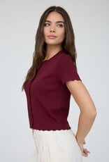 Miss Bliss Blu Scalloped Ss Button Down Knit Top-Burgundy