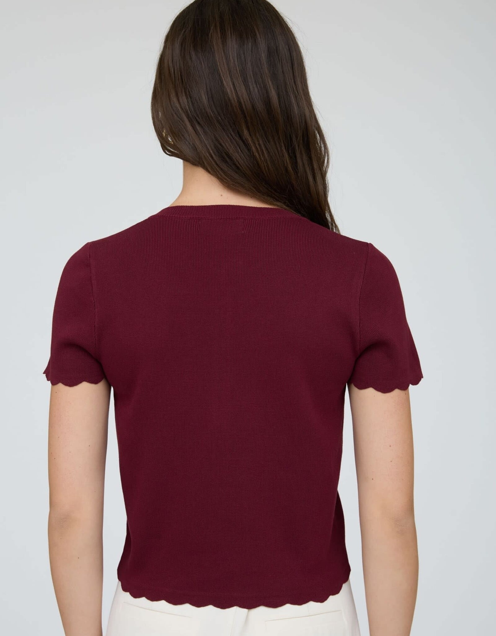 Miss Bliss Blu Scalloped Ss Button Down Knit Top-Burgundy