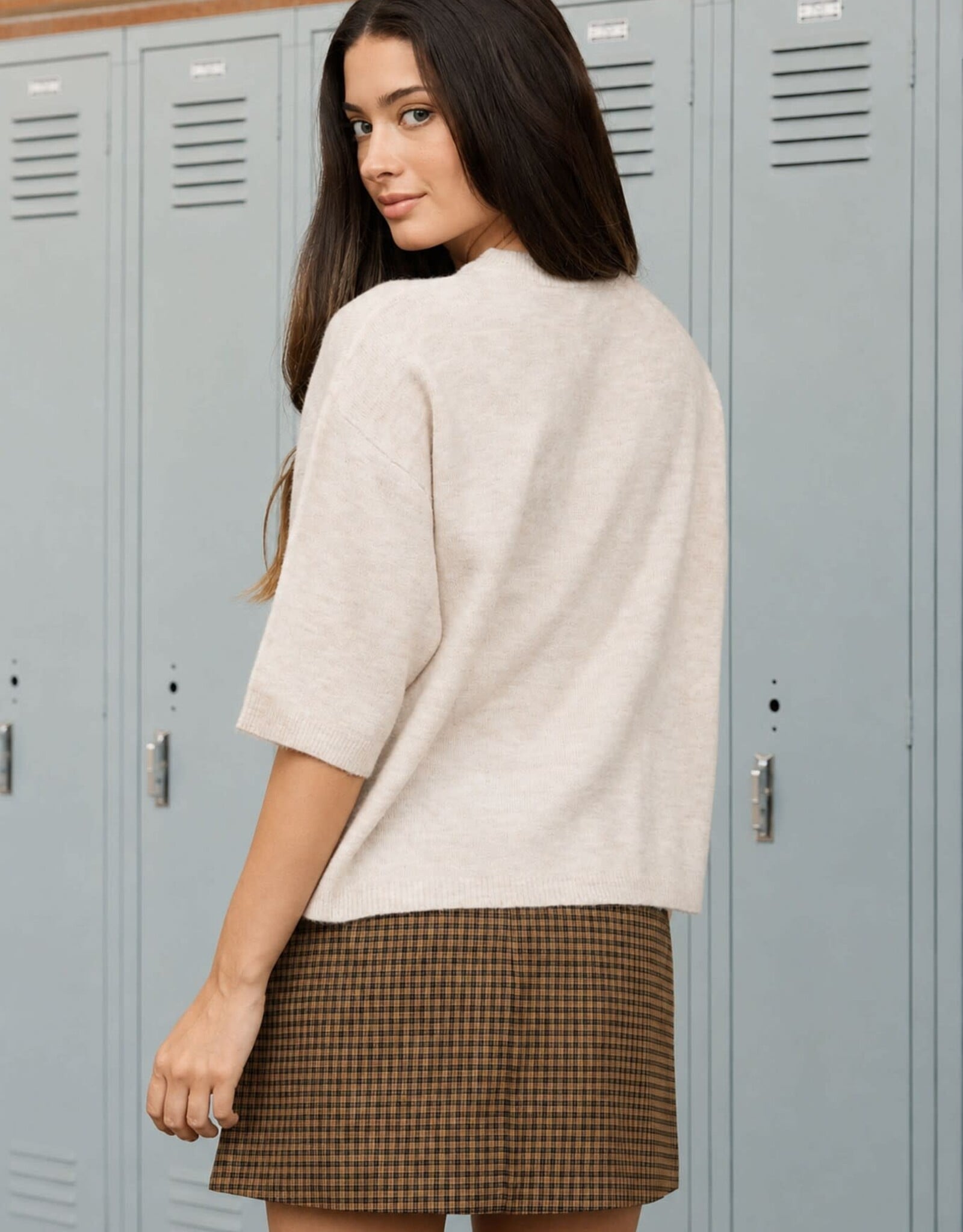 Miss Bliss Blu Heathered Crew Nck Half Slv Boxy Pullover-Oatmeal