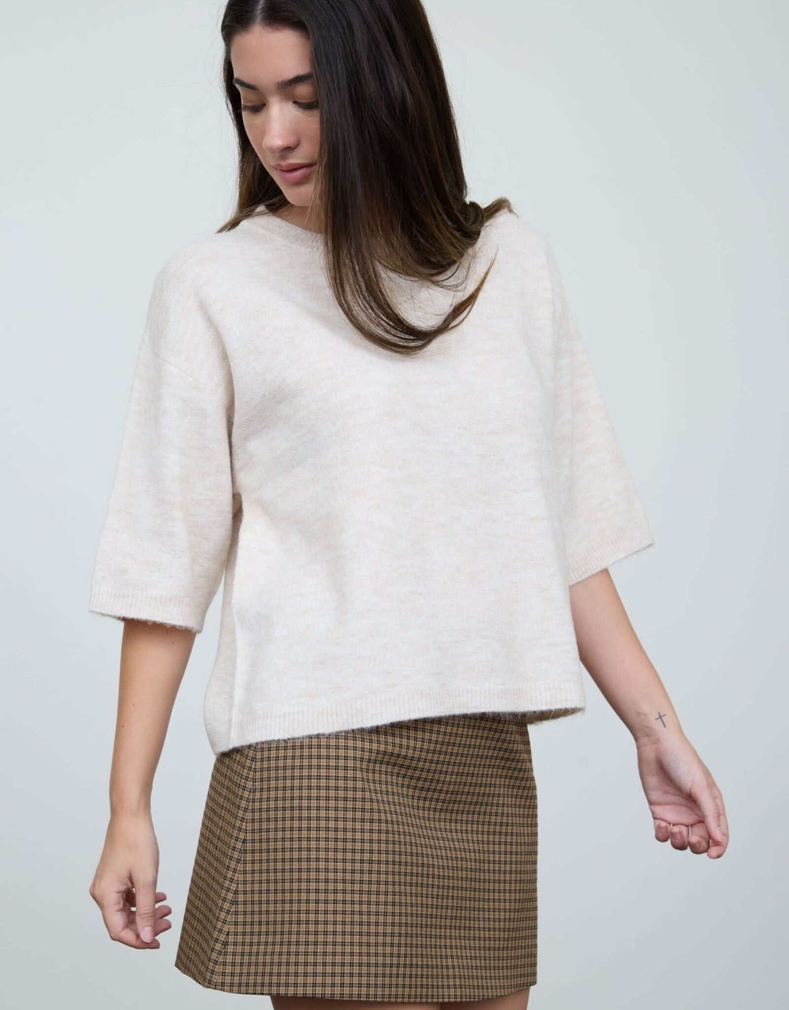 Miss Bliss Blu Heathered Crew Nck Half Slv Boxy Pullover-Oatmeal