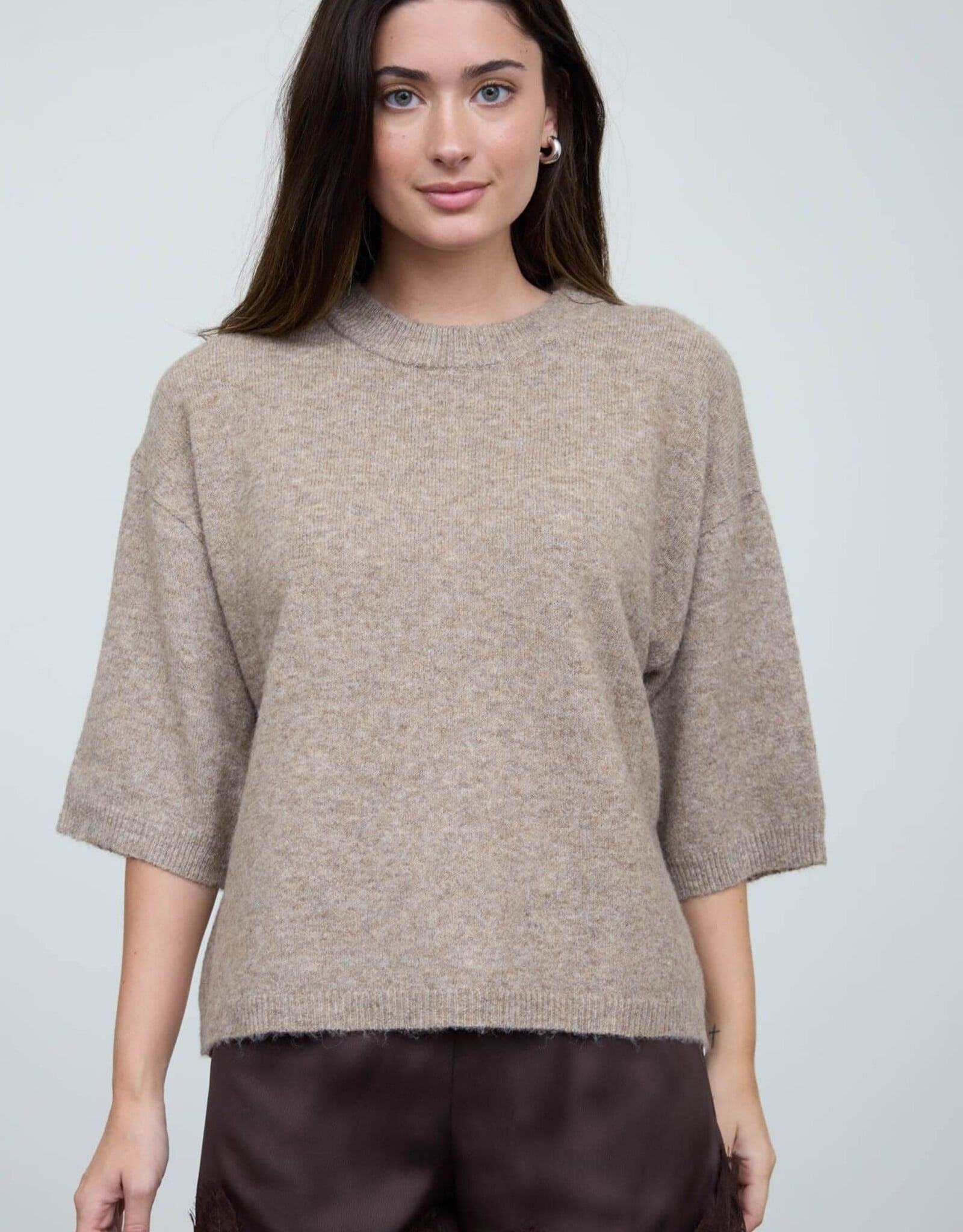 Miss Bliss Blu Heathered Crew Nck Half Slv Boxy Pullover-Ash Mocha
