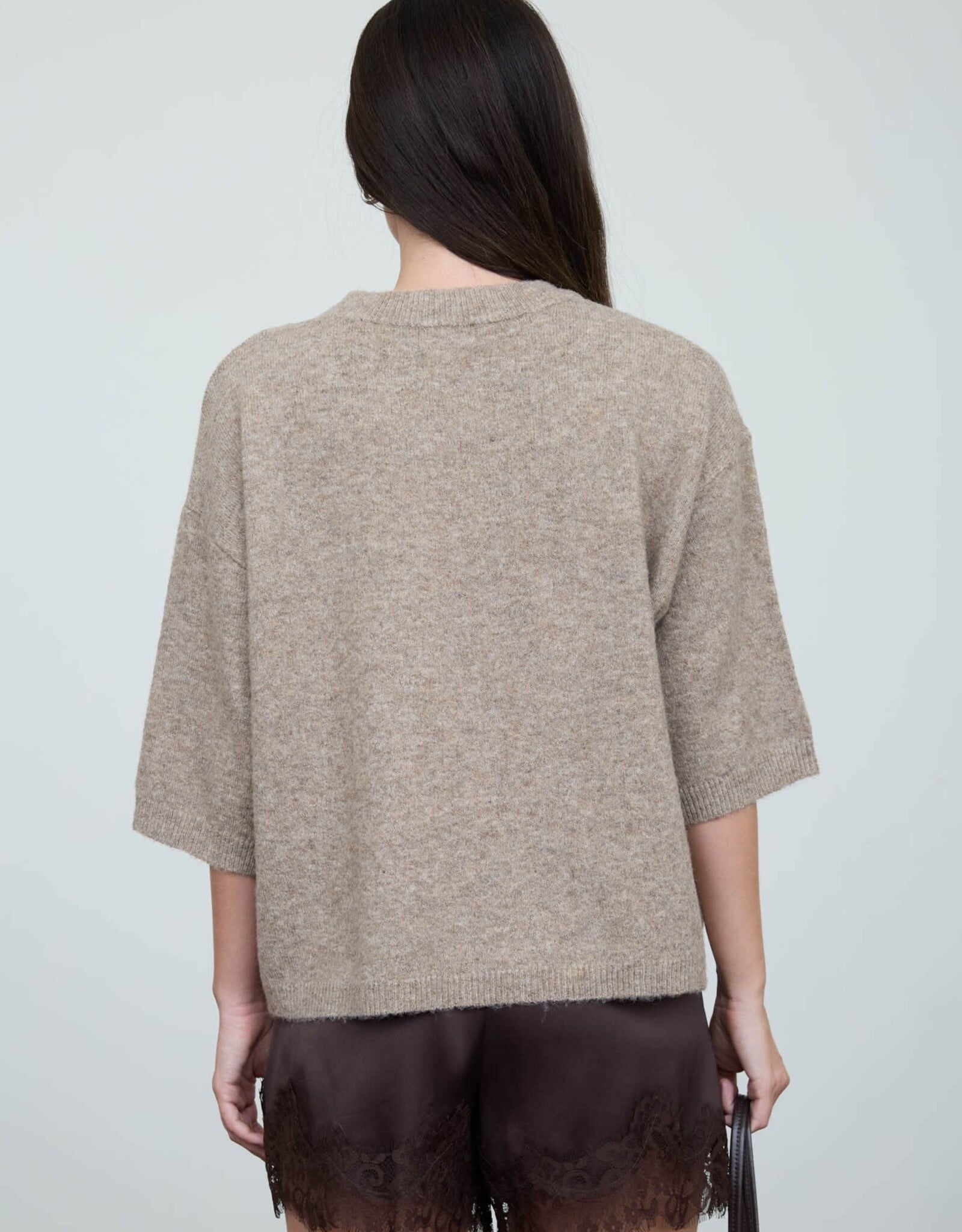 Miss Bliss Blu Heathered Crew Nck Half Slv Boxy Pullover-Ash Mocha