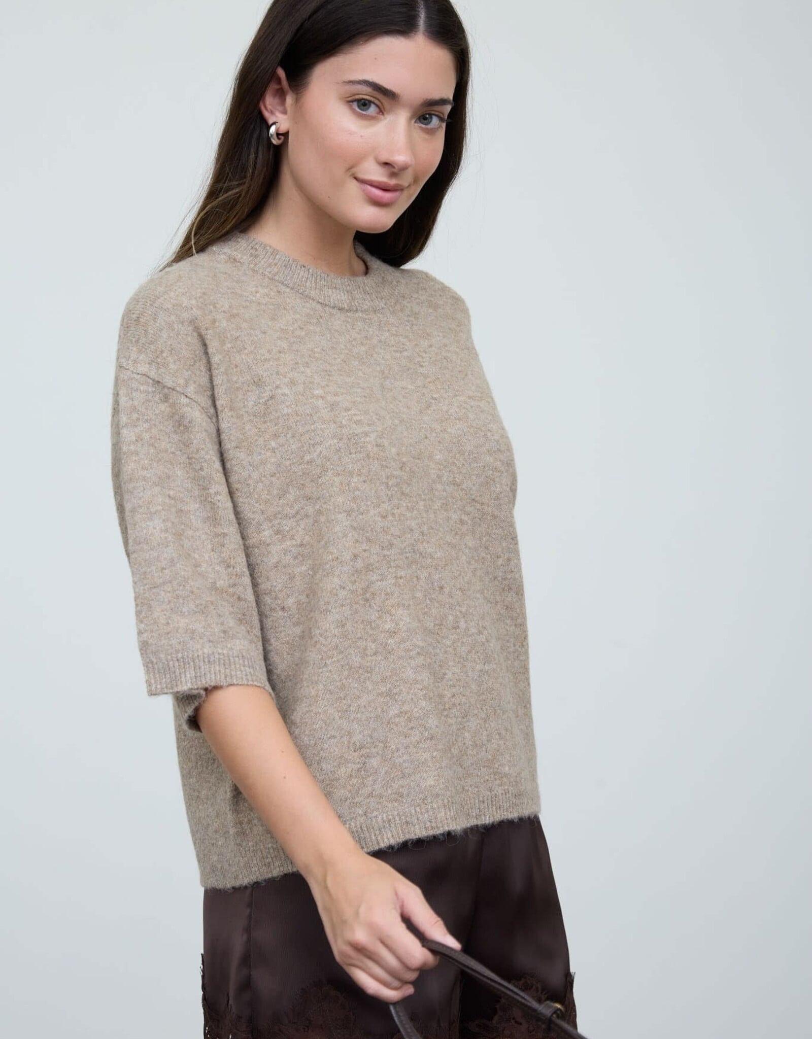 Miss Bliss Blu Heathered Crew Nck Half Slv Boxy Pullover-Ash Mocha
