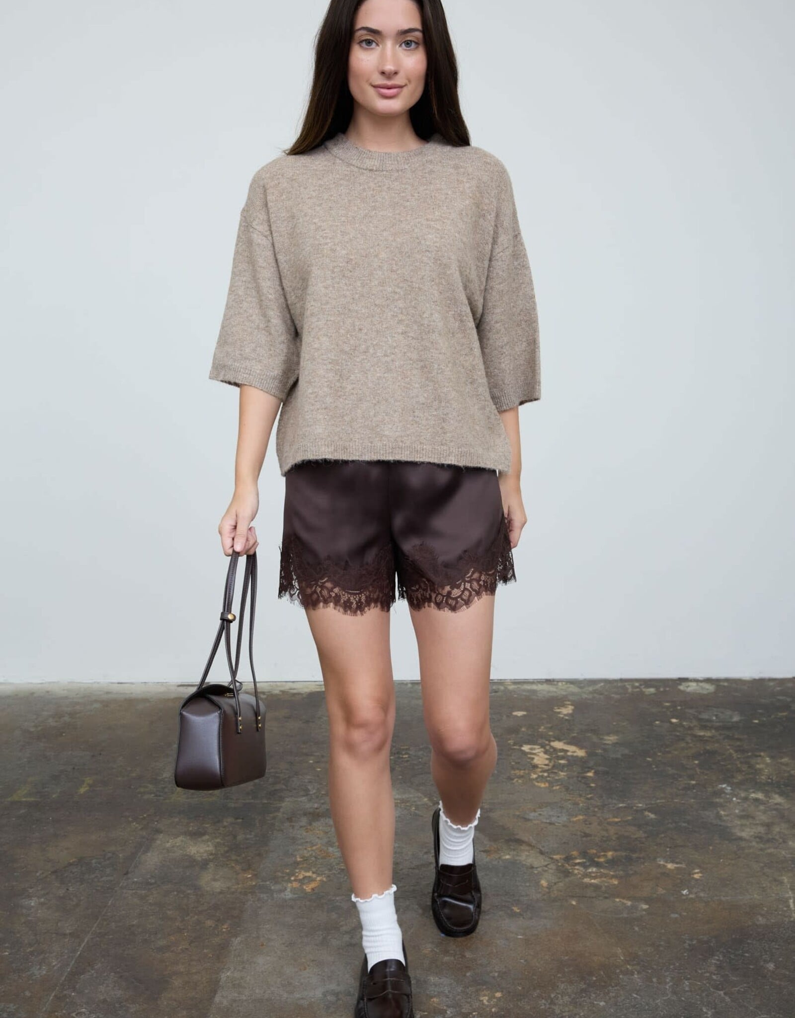 Miss Bliss Blu Heathered Crew Nck Half Slv Boxy Pullover-Ash Mocha