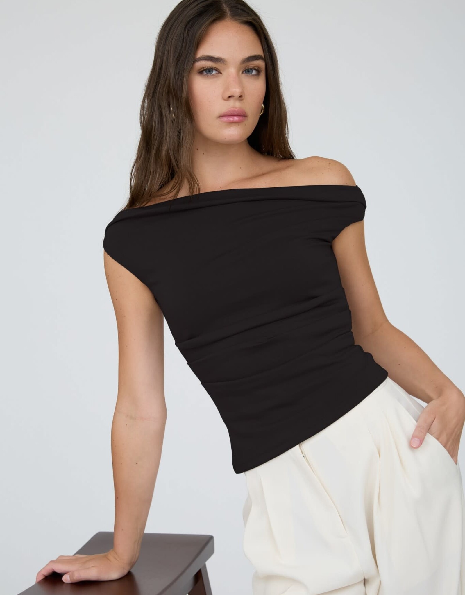 Miss Bliss Blu Off The Shoulder Ruched Detail Knit Top-Black
