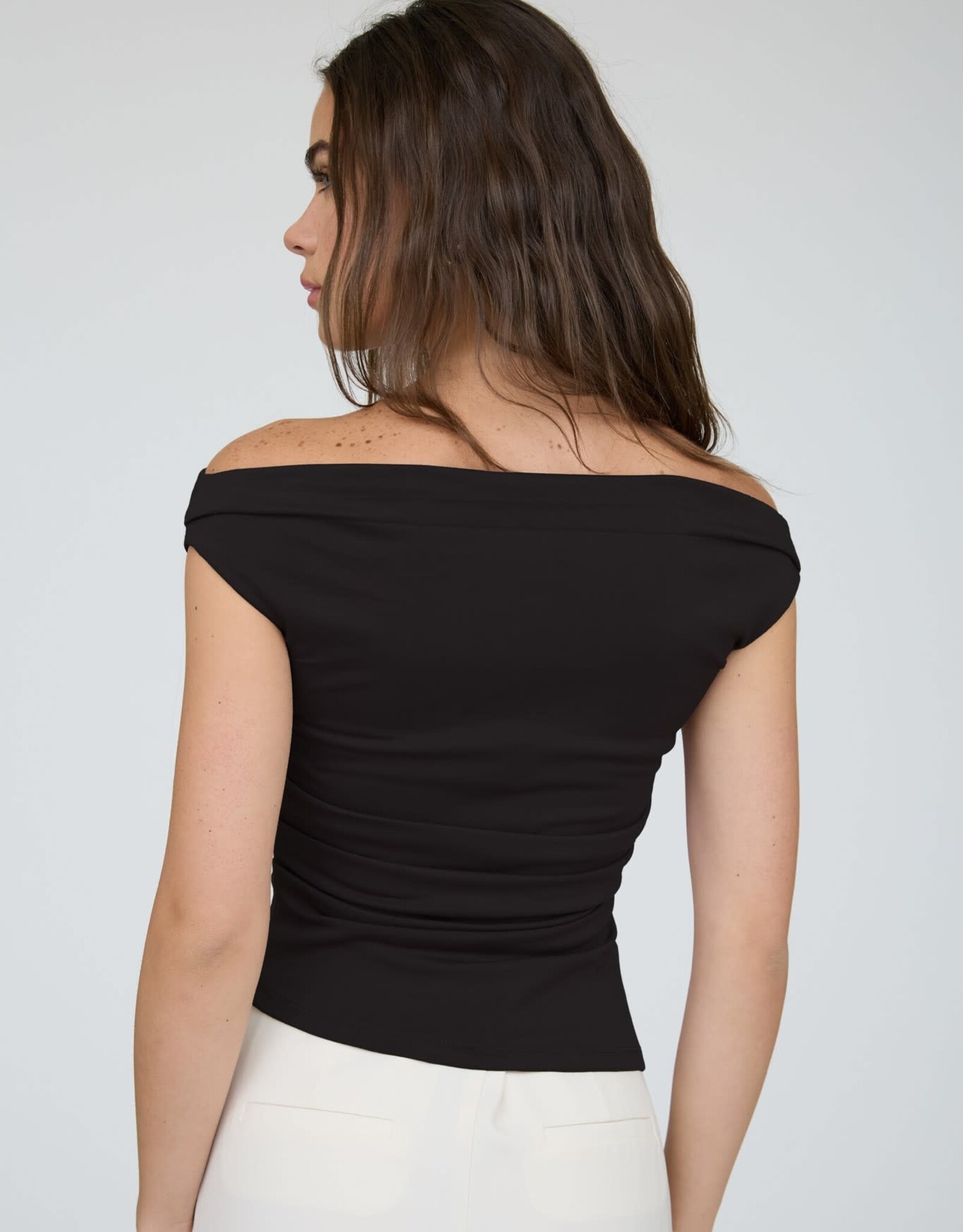 Miss Bliss Blu Off The Shoulder Ruched Detail Knit Top-Black