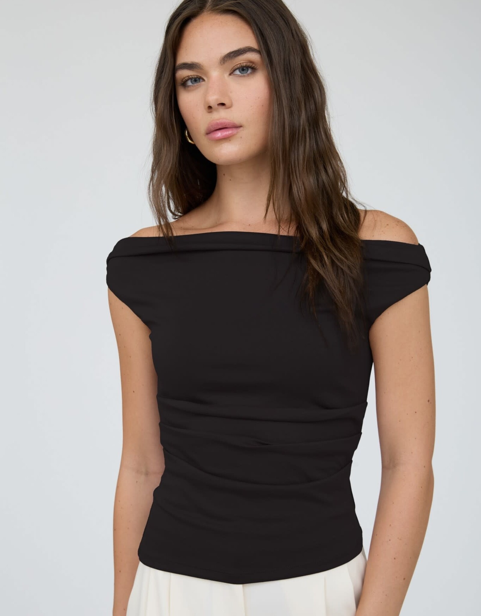 Miss Bliss Blu Off The Shoulder Ruched Detail Knit Top-Black