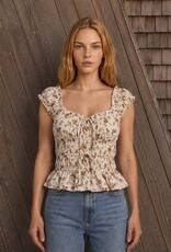 Miss Bliss Blu Floral Front Tie Shirred Waist Ruffled Top-Ceam