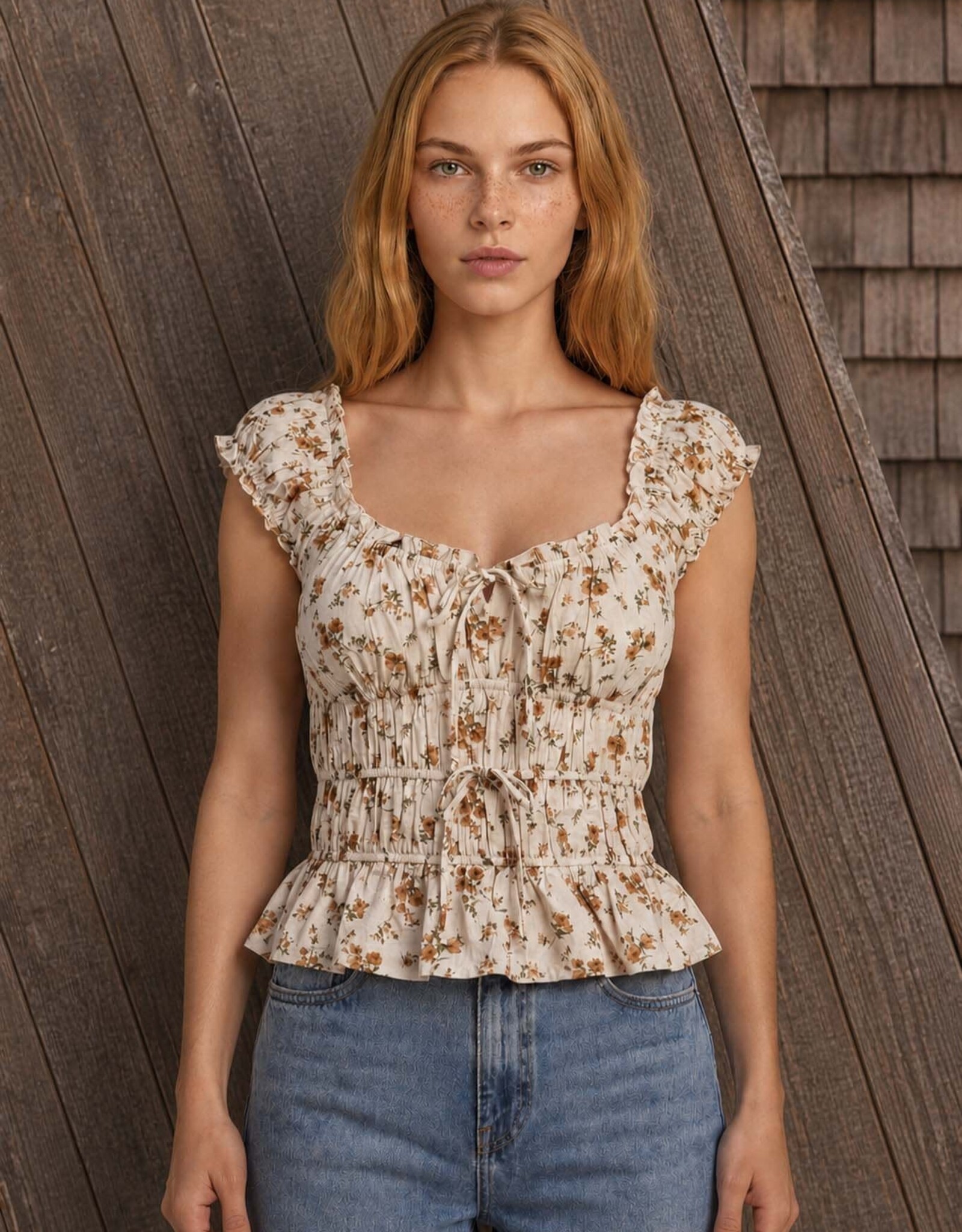 Miss Bliss Blu Floral Front Tie Shirred Waist Ruffled Top-Ceam