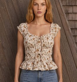 Miss Bliss Blu Floral Front Tie Shirred Waist Ruffled Top-Ceam