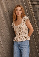Miss Bliss Blu Floral Front Tie Shirred Waist Ruffled Top-Ceam