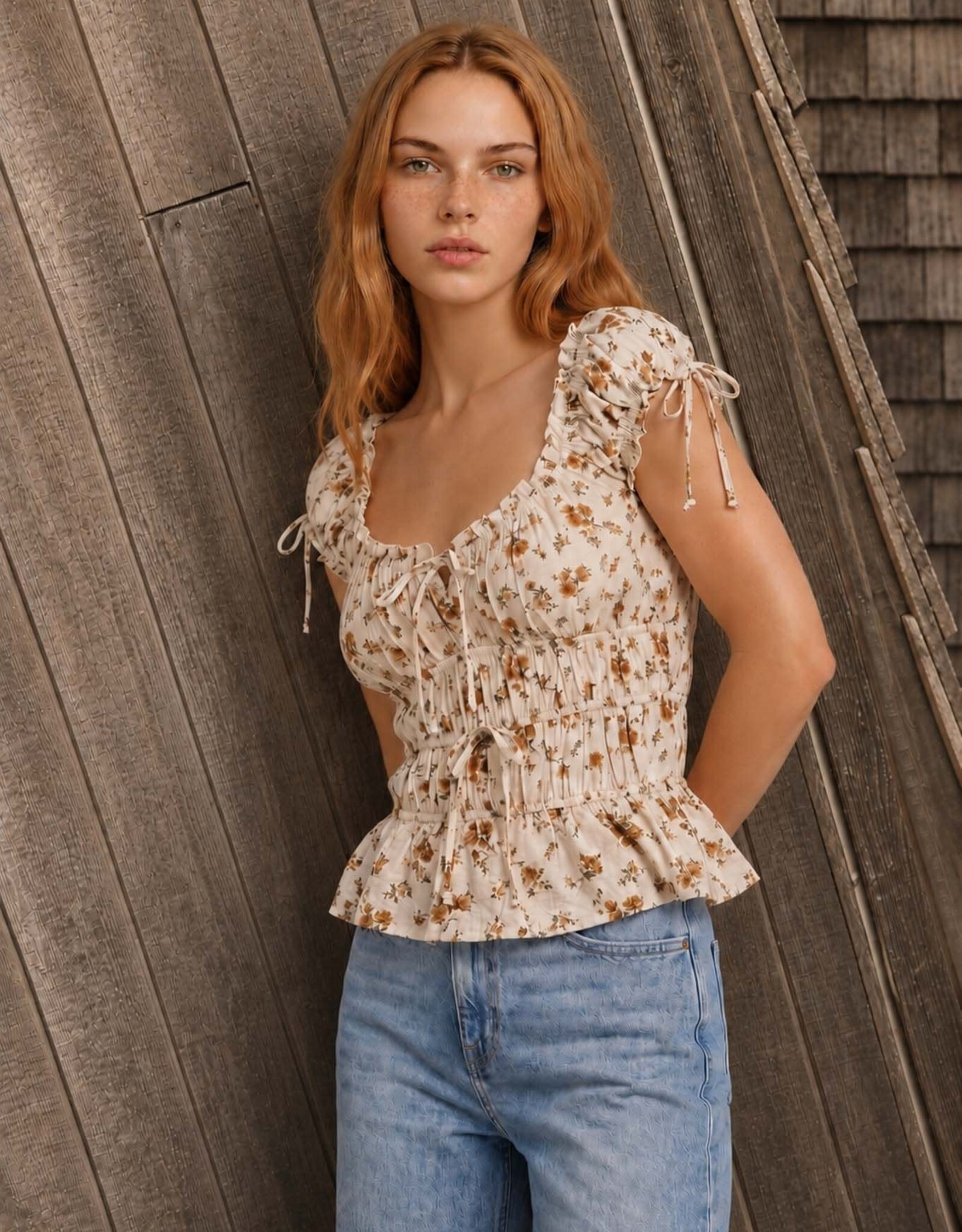 Miss Bliss Blu Floral Front Tie Shirred Waist Ruffled Top-Ceam