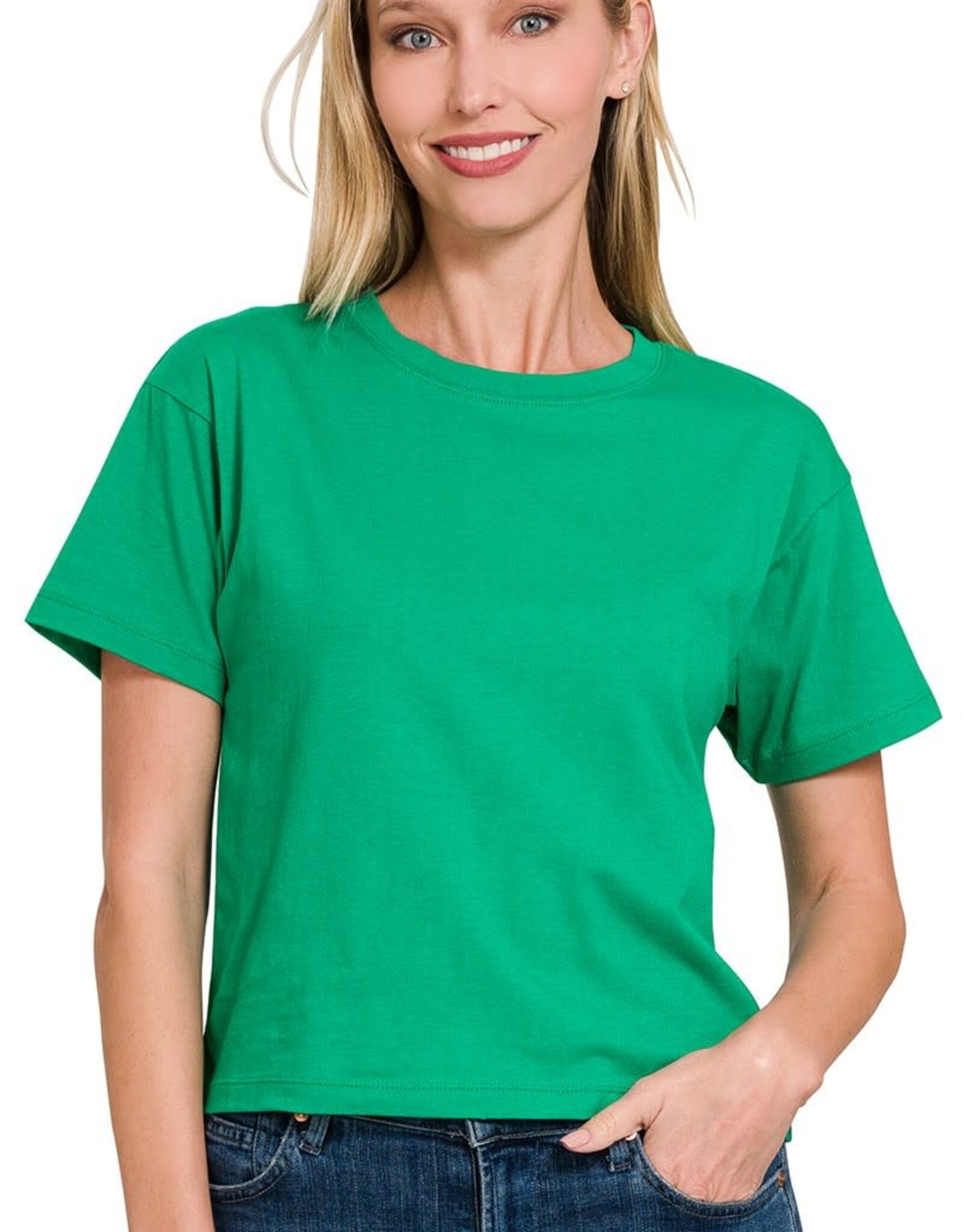 Miss Bliss Zen Cropped Cotton Crew Neck SS Top- K Green
