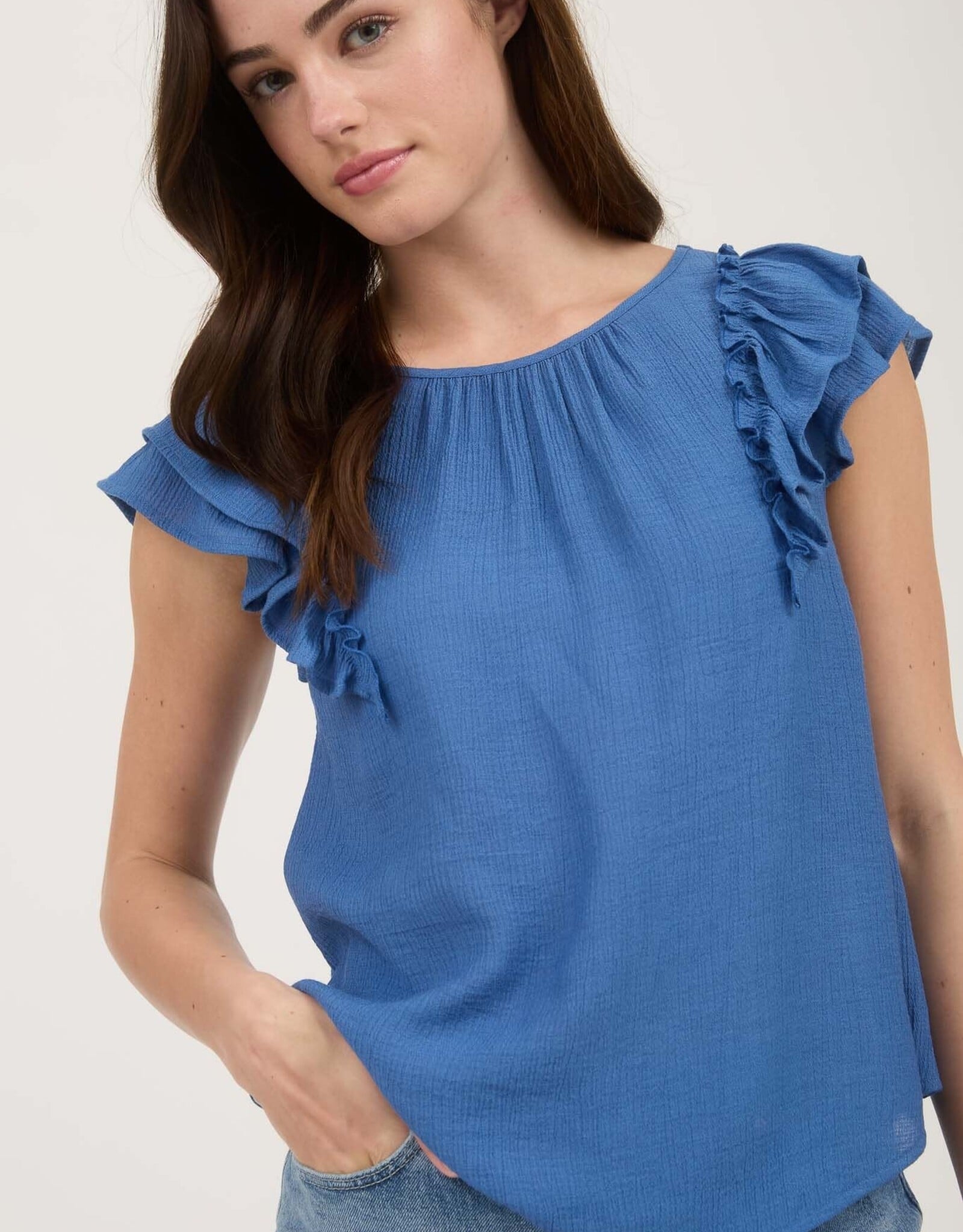 Miss Bliss Blu Ruffle Detail Back Bow Detail Ss Top-Blue