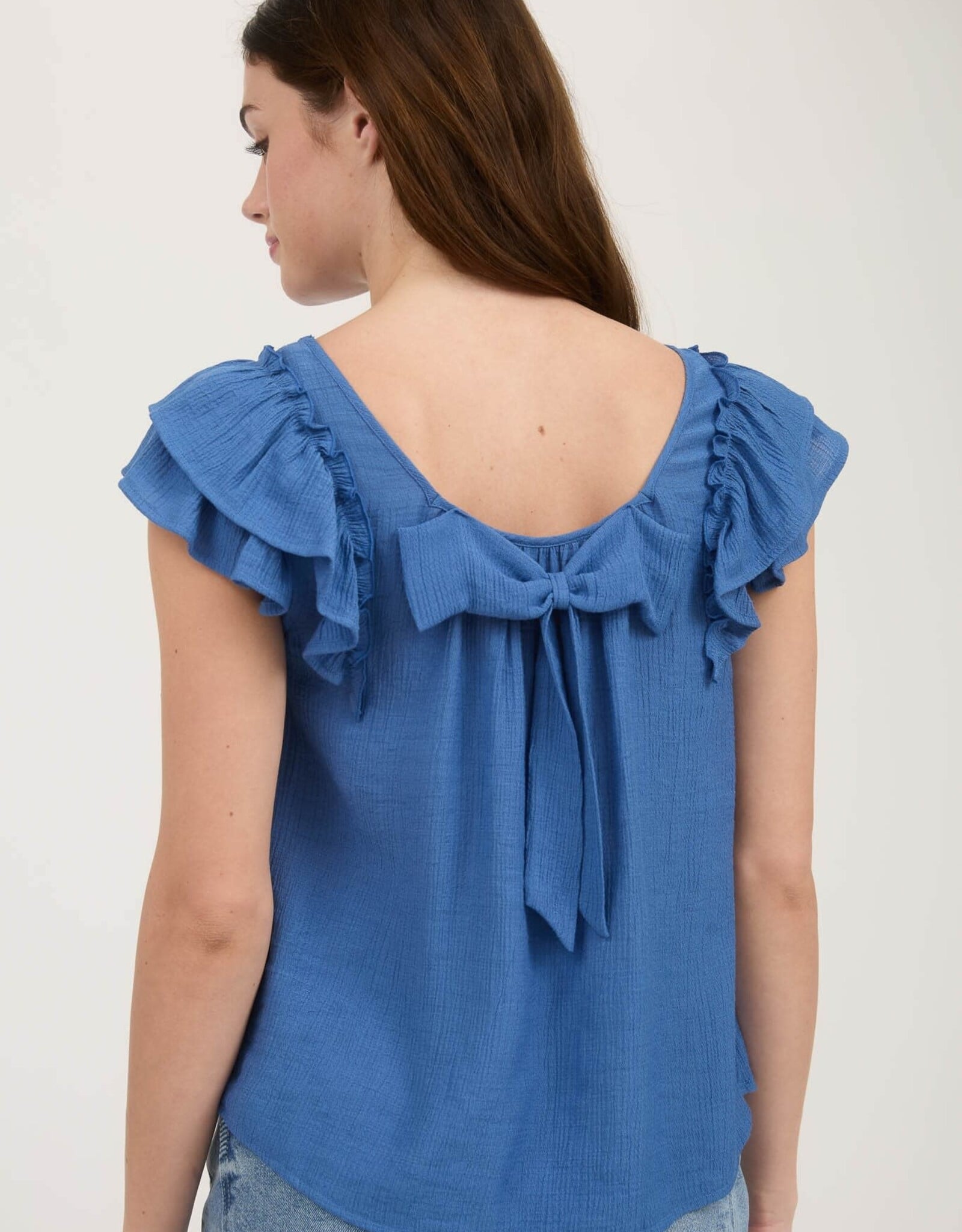 Miss Bliss Blu Ruffle Detail Back Bow Detail Ss Top-Blue