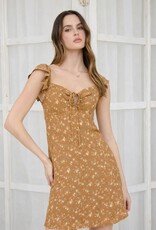 Blu Floral Front Cut-out With Tie Mini Dress-Camel